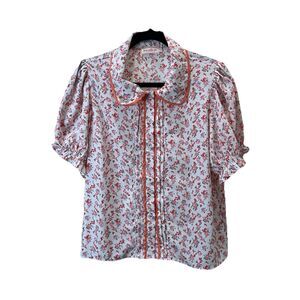 Ivy City Co Pink Floral Cottage Coquette Button Up Puff Sleeve Top Womens Size L